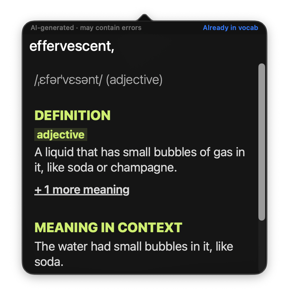 Leafy popup defining the word effervescent