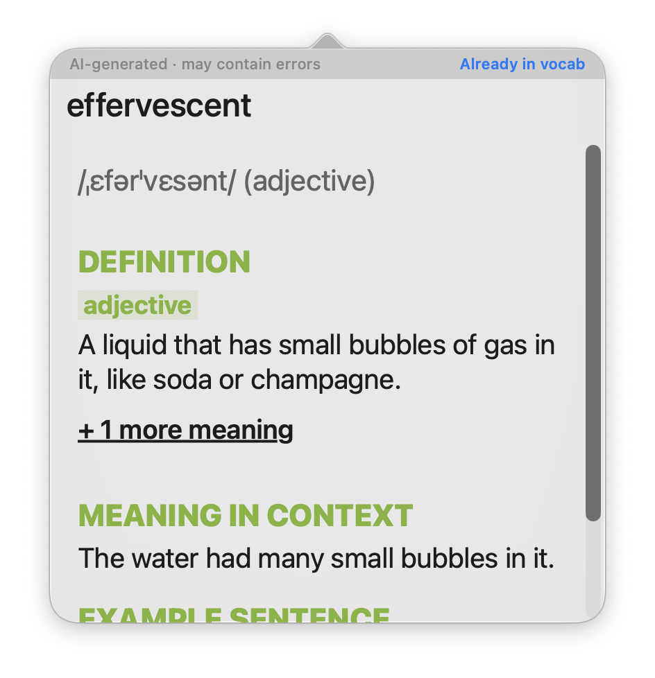 Leafy popup defining the word effervescent
