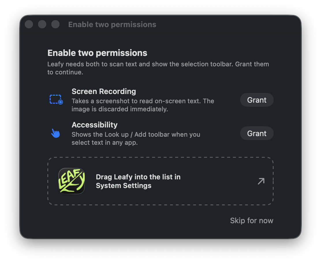 Leafy's "Enable two permissions" window, with Grant buttons for Screen Recording and Accessibility