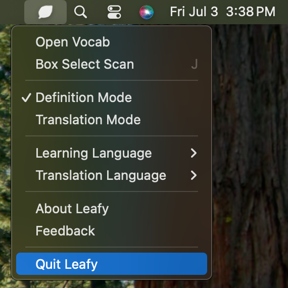The Leafy menu bar dropdown with "Quit Leafy" highlighted at the bottom