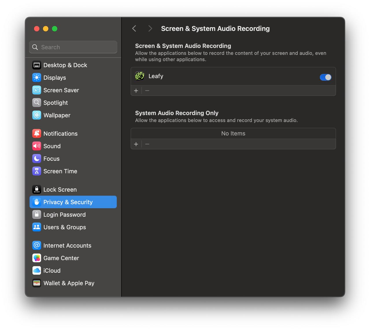 macOS System Settings open to Privacy & Security → Screen & System Audio Recording